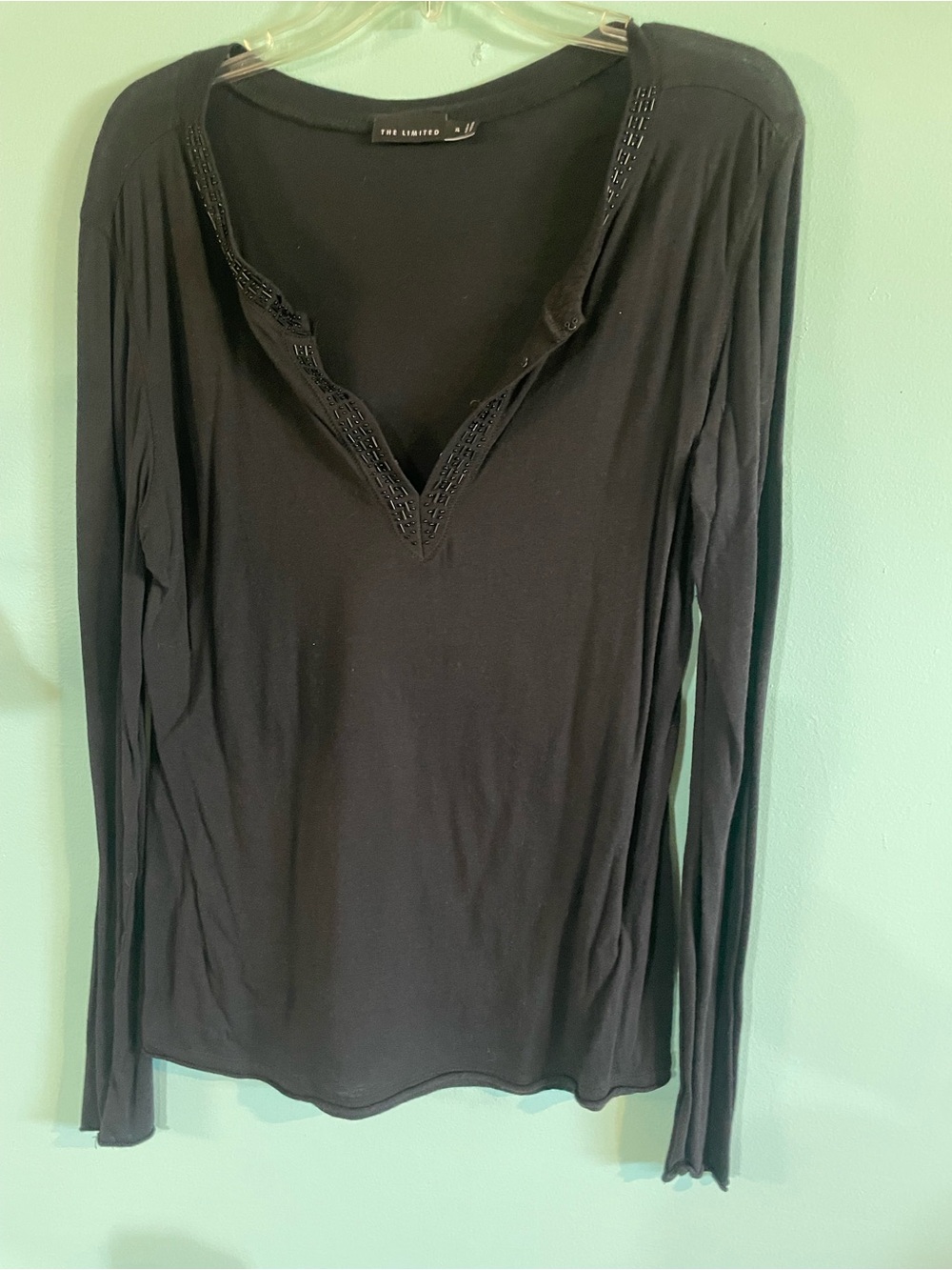 The Limited Black Long Sleeve Henley with Beaded Trim